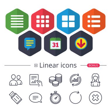 Takvim, konuşma balonu ve Download işaretler. Menü simgeleri listelenmektedir. İçerik görünümü sembolleri seçenekleri. Küçük kılavuz veya galeri görünümü. Sohbet, grafik hat simgeler rapor. Daha fazla lineer işaretler. Düzenlenebilir inme. Vektör