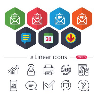 Takvim, konuşma balonu ve Download işaretler. Zarf simgeleri posta. İleti belge simgeleri. Video ve radyo sinyalleriyle iletilen ileti işaretler ses. Sohbet, grafik hat simgeler rapor. Daha fazla lineer işaretler. Düzenlenebilir kontur