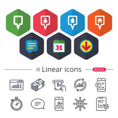 Takvim, konuşma balonu ve Download işaretler. Kare işaretçisi simgeleri göster. Ev, yiyecek ve kullanıcı konumu sembolleri. Restoran ve cupcake işaretler. Sen buradasın. Sohbet, grafik hat simgeler rapor. Daha fazla lineer işaretler