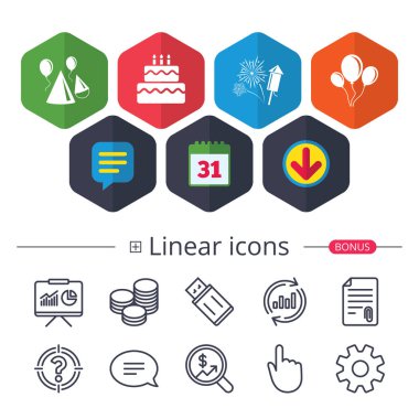 Takvim, konuşma balonu ve Download işaretler. Doğum günü partisi simgeler. Pasta, balon, şapka ve muffin işaretler. Roket simgesi olan havai fişekler. Çift katlı mum ile. Sohbet, grafik hat simgeler rapor. Vektör