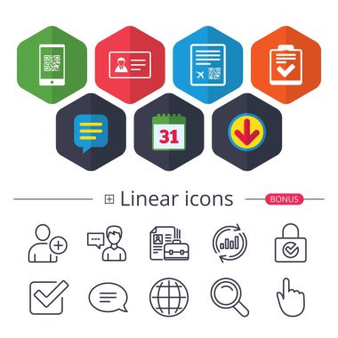 Takvim, konuşma balonu ve Download işaretler. QR tarama kodu smartphone simgesi. Yatılı uçuş işareti ver. Kimlik kartı rozet sembol. Onay veya onay işareti. Sohbet, grafik hat simgeler rapor. Daha fazla lineer işaretler