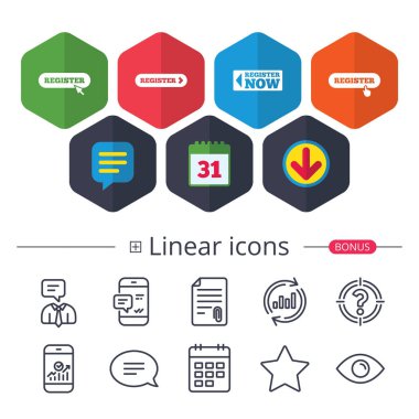 Takvim, konuşma balonu ve Download işaretler. El işaretçi simgesi ile kayıt. Fare imleci simgesi. Üyelik işareti. Sohbet, grafik hat simgeler rapor. Daha fazla lineer işaretler. Düzenlenebilir inme. Vektör