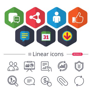 Takvim, konuşma balonu ve Download işaretler. Sosyal Medya simgeler. Sohbet konuşma balonu ve pay bağlantı simgeleri. Parmak işareti başparmak gibi. İnsan kişi profili. Sohbet, grafik hat simgeler rapor. Vektör