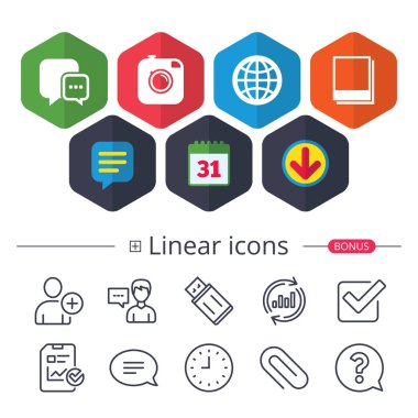 Takvim, konuşma balonu ve Download işaretler. Sosyal Medya simgeler. Sohbet konuşma balonu ve dünya küre sembolleri. Yenilikçi fotoğraf kamera işareti. Fotoğraf çerçeveleri. Sohbet, grafik hat simgeler rapor. Daha fazla lineer işaretler