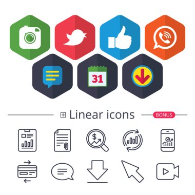 Takvim, konuşma balonu ve Download işaretler. Yenilikçi fotoğraf kamera simgesi. Hangi tarihlerde ve konuşma balonu işareti ara. Kuş sembolü. Sosyal Medya simgeler. Sohbet, grafik hat simgeler rapor. Daha fazla lineer işaretler. Vektör