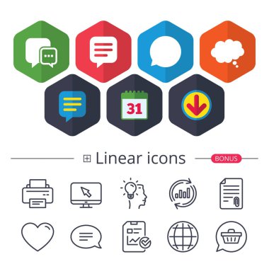 Takvim, konuşma balonu ve Download işaretler. Sohbet simgeler. Komik konuşma balonu işaretler. İletişim sembolü düşünüyorum. Sohbet, grafik hat simgeler rapor. Daha fazla lineer işaretler. Düzenlenebilir inme. Vektör