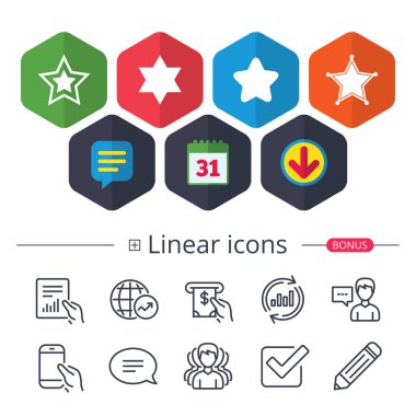 Takvim, konuşma balonu ve Download işaretler. Davut'un yıldızı simgeler. Şerif polis işareti. İsrail sembolü. Sohbet, grafik hat simgeler rapor. Daha fazla lineer işaretler. Düzenlenebilir inme. Vektör