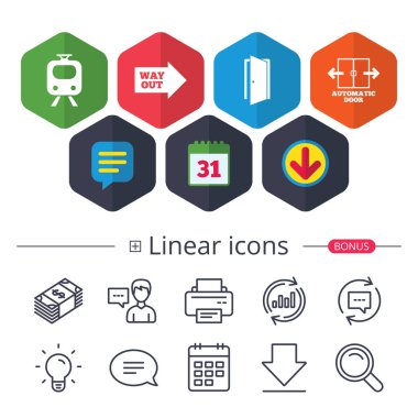 Takvim, konuşma balonu ve Download işaretler. Tren demiryolu simgesi. Otomatik kapı sembolü. Ok çıkış yolu imzala. Sohbet, grafik hat simgeler rapor. Daha fazla lineer işaretler. Düzenlenebilir inme. Vektör