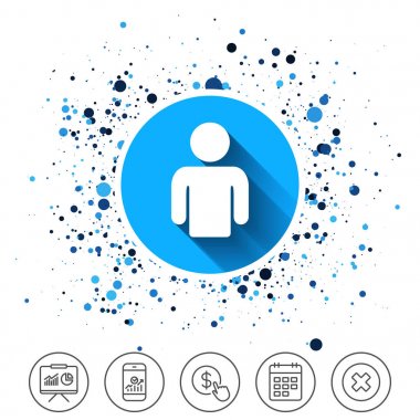 Daire arka plan üstünde düğme. Kullanıcı işareti simgesi. Kişi sembolü. İnsan avatar. Takvim satırı simgesi. Ve daha fazla çizgi işaretleri. Rasgele daireler. Düzenlenebilir inme. Vektör