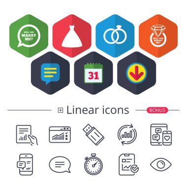 Takvim, konuşma balonu ve Download işaretler. Düğün elbise simgesi. Gelin ve damat yüzük sembolü. Düğün ya da nişan günü yüzük elmas işareti ile. Benimle konuşma balonu evlenir. Vektör