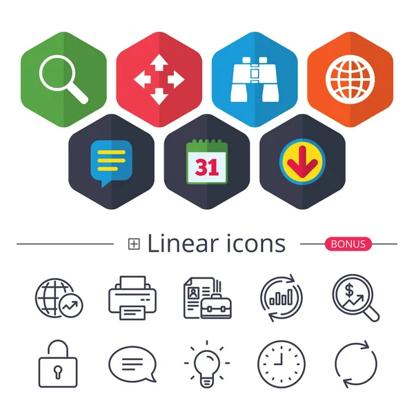 Calendario Burbuja Voz Signos Descarga Iconos Búsqueda Lupa Globo Flechas — Archivo Imágenes Vectoriales