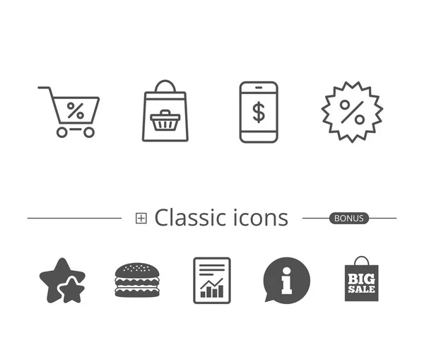 Carrinho Compras Desconto Ícones Linha Smartphone Sinal Compras Online Informação — Vetor de Stock