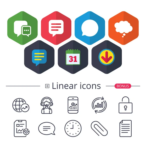 Takvim, konuşma balonu ve Download işaretler. Sohbet simgeler. Komik konuşma balonu işaretler. İletişim sembolü düşünüyorum. Sohbet, grafik hat simgeler rapor. Daha fazla lineer işaretler. Düzenlenebilir inme. Vektör