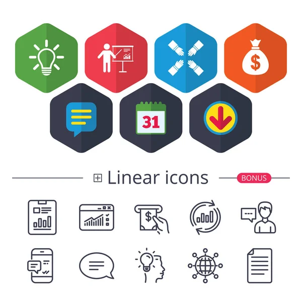 Takvim, konuşma balonu ve Download işaretler. Sunu billboard simgesi. Dolar nakit para ve lamba fikir işaretleri. İşaretçi ile ayakta adam. Ekip çalışması sembolü. Sohbet, grafik hat simgeler rapor. Vektör