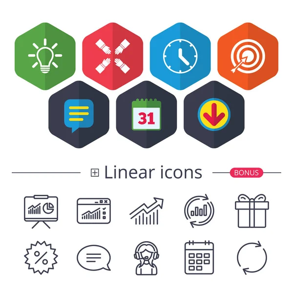 Takvim, konuşma balonu ve Download işaretler. Lamba fikir ve saat saat simgeler. Hedef amaç işareti. Ok ile dart tahtası. Ekip çalışması sembolü. Sohbet, grafik hat simgeler rapor. Daha fazla lineer işaretler. Düzenlenebilir kontur