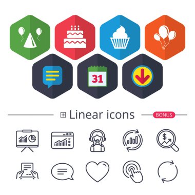 Doğum günü partisi. Pasta, balon, şapka ve muffin.