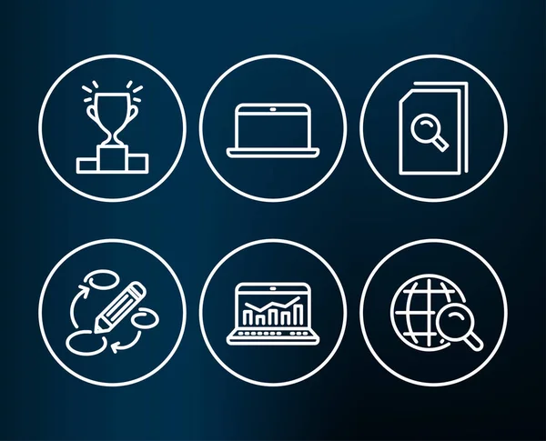 Arama dosyaları, Laptop ve kazanan podyum simgeler. Anahtar kelimeler, Web anal