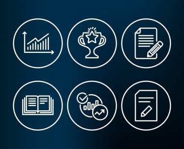 Grafik, eğitim ve istatistik simgeler kümesi. Makale, zafer ve düzenleme işaretleri belge. Sunu diyagramı, öğretim kitap, rapor grafikler. Geri bildirim, şampiyonluk Ödülü, kalem ile sayfa. Vektör
