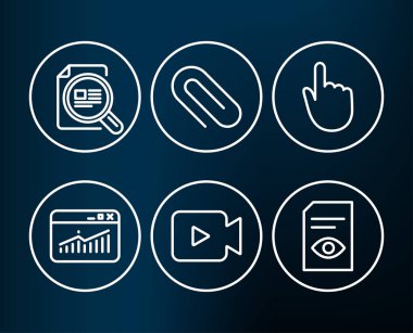 Onay makale, Web sitesi istatistik ve el simgeleri tıklatın. Video kamera, ataş ve görünümü belge işaretler. Büyütme cam, veri analizi, konum işaretçisi. Vektör