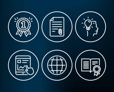 Eki, fikir ve ödül simgeler kümesi. Internet raporu, Küre ve Diploma işaretler. Eklemek dosya, profesyonel iş, ilk yer. Web öğretici, Internet dünyasında, rozeti olan belge. Düzenlenebilir kontur