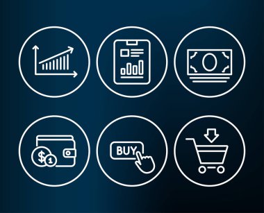 Aksesuar satın alma ayarla, satın almak ve grafik simgeleri düğmesine basın. Nakit para, rapor belge ve Online Pazar işaretler. Online alışveriş ile cüzdan paralar, sunu grafik. Vektör