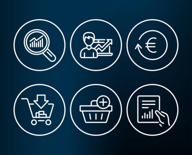 Alışveriş, başarı iş ve Exchange Döviz Alım simgeler kümesi. Satın alma, veri analizi ve belge işaretleri ekleyin. Sepeti, büyüme grafiği, Reshresh döviz kuru için ekleyin. Vektör