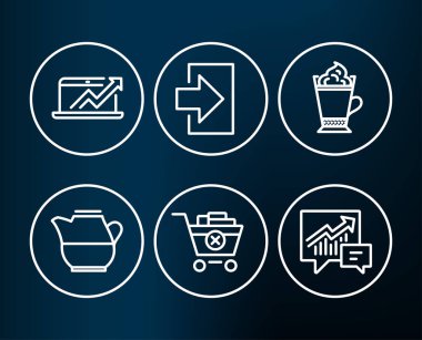 Süt kabı, Kaldır satınalma ve Latte Kahve simgeler kümesi. Oturum açma, satış diyagramı ve muhasebe işaretler. Taze içki, Delete sepeti, üzerinden sıcak krem şanti ile içki. Vektör