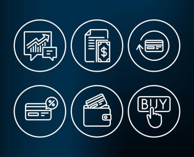 Ödeme, nakit puan ve geri ödeme Komisyonu simgeler kümesi. Muhasebe, bankamatik kartı ve alış işaretler. Nakit para, Sigara-nakit ödeme, Cashback kart. Arz ve talep, E-ticaret alışveriş. Düzenlenebilir kontur