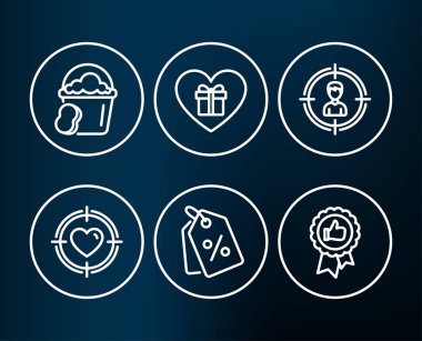 Romantik hediye, indirim Etiketler ve danışmanlığı simgeler kümesi. Sünger, Sevgililer hedef ve olumlu geribildirim işaretler. Aşk, Satılık Kuponlar, hedef kişi ile sürpriz. Vektör