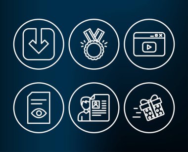 Görünümü belge, yük belge ve onur simgeler kümesi. Video içeriği, iş görüşmesi ve mevcut teslim işaretler. Açık dosya, Download ok ucu, madalya. Tarayıcı penceresi, Cv dosya, alışveriş Servisi. Vektör