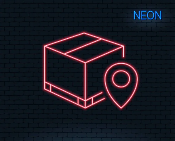 Neon light. Parcel tracking line icon. Delivery monitoring sign. Shipping box location symbol. Glowing graphic design. Brick wall. Vector