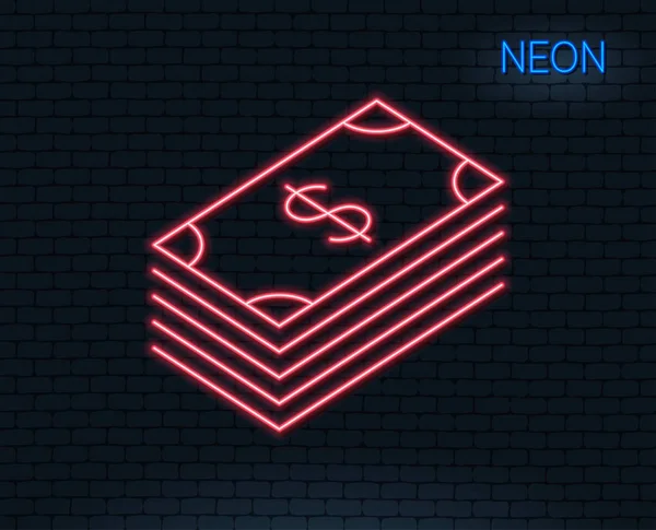 Neonové Světlo Ikona Hotovostních Peněz Bankovní Směnka Symbol Dolaru Nebo — Stockový vektor