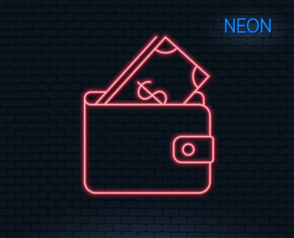 Neon Işık Cüzdan Ile Nakit Para Satırı Simgesi Dolar Para — Stok Vektör