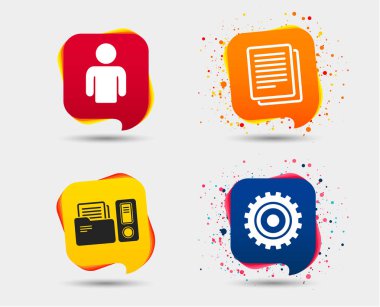 Muhasebe iş akışını simgeler. İnsan silueti, dişli dişli ve Belgeler klasörleri sembolleri imzalar. Konuşma balonları veya sohbet simgeler. Renkli öğeleri. Vektör