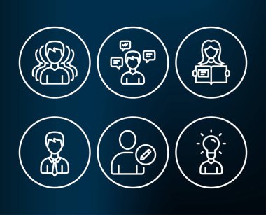 Konuşma kümesi iletileri, işadamı ve Düzenle kullanıcı simgeleri. Kadın grubunun, okuma ve eğitim imzalar. İletişim, kullanıcı verileri, profil verileri. Danışmanlığı hizmeti, eğitim, fikir insan kız. Vektör