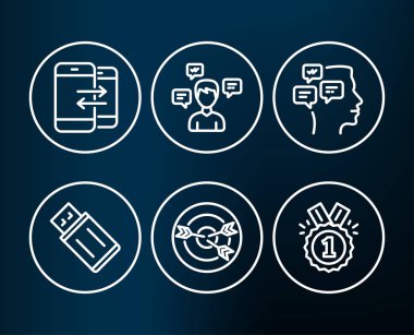 İletileri, telefon iletişim ve hedefleme simgeler kümesi. USB birden parlamak, sohbet mesajları ve onaylandı imzalar. Bildirimleri, gelen ve giden aramaları, hedef almış oklar. Vektör