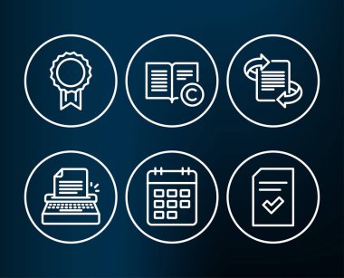 Pazarlama, telif hakkı ve daktilo simgeler kümesi. Ödül, takvim ve işaretli dosya işaretleri. Makale, Copywriting kitap, yazar makine. En iyi madalya, olay hatırlatıcı, doğru belge. Düzenlenebilir kontur