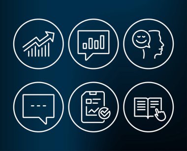 Seti talebin eğri, Blog ve iyi ruh hali simgeler. Rapor denetim listesi, analitik sohbet ve okuma öğretim işaretler. İstatistik raporu, sohbet mesaj, pozitif düşünme. Vektör