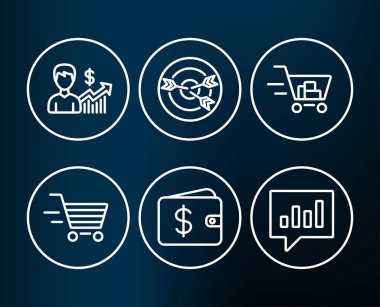 Doları cüzdan, iş büyüme ve simgeler alışveriş teslim kümesi. Hedefleme, alışveriş sepeti ve analitik işaretleri sohbet edin. Nakit para, kazanç sonuçları, Online satın alma. Vektör