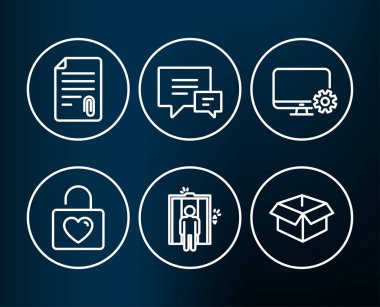 Monitör ayarları, yorum ve Asansör simgeler. Soyunma düğün, ek ve açık işaretler kutusu. Hizmet karikatür, konuşma kabarcıklar, kaldır. Sevgililer günü, dosya ekle, nakliye parsel. Vektör