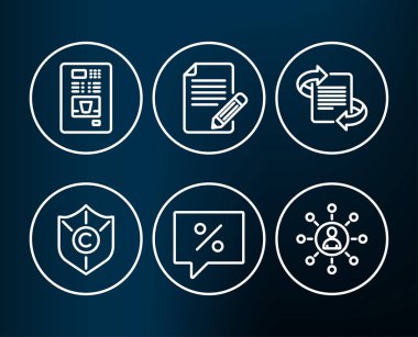 Makale, kahve otomat ve pazarlama simgeler kümesi. telif hakkı koruması, indirim ileti ve ağ işaretler. Geri bildirim, kahve Otomatı, makale. Vektör