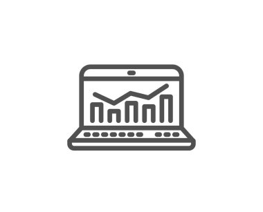Pazarlama istatistikleri satırı simgesi. Web analytics sembolü. Laptop ya da defter işareti. Kalite tasarım öğesi. Düzenlenebilir inme. Vektör