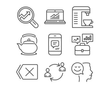 Yerleştirme ileti, online istatistik, iş portföyü, kullanıcı iletişimini, kahve makinesi ve simgeler, vektör çizim beyaz arka plan üzerinde kaldırma