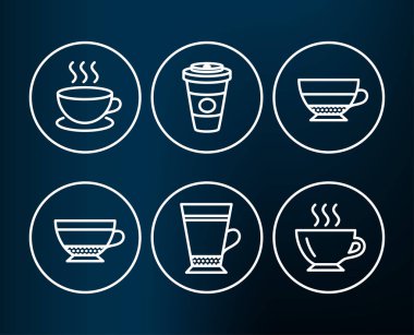 Dizi latte, Kuru kapuçino, paket servisi olan restoran kahve, cappuccino, americano ve kahve simgeler, vektör çizim koyu arka plan üzerinde