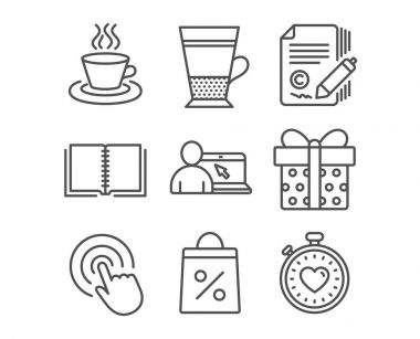 Copywriting ayarla, çift latte, online eğitim, tıklatın, alışveriş çantası ve çay Kupası simgeler, beyaz arka plan üzerinde vektör çizim