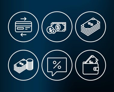 Dizi kredi kartı, Doları para, indirim mesaj, tasarruf, dolar ve m-cüzdan simgeler, vektör çizim koyu arka plan üzerinde