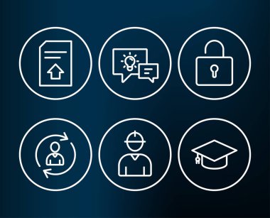 Ayarla fikir lamba, kilit, kişi bilgi, mühendis, dosya ve raduation kap simgelerinin upload illüstrasyon koyu arka plan üzerinde vektör