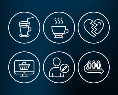 Kokteyl, web dükkan ayarla, kullanıcı, espresso, mola kadar düzenleme ve simgeler, vektör çizim koyu arka plan üzerinde sıraya