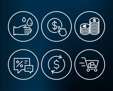 Dizi dolar döviz, indirimler, lastik eldiven, para birimi, para birimi ve alışveriş sepeti simgeleri satın, illüstrasyon koyu arka plan üzerinde vektör