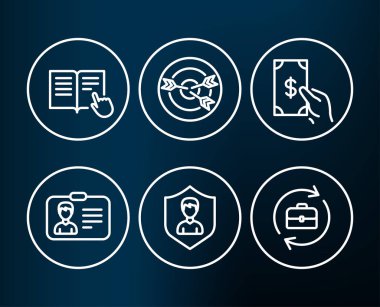 Para, güvenlik ajansı, hedefleme, kimlik kartı ve insan kaynakları simgeler, talimat, vektör çizim koyu arka plan üzerinde okuyun alacak